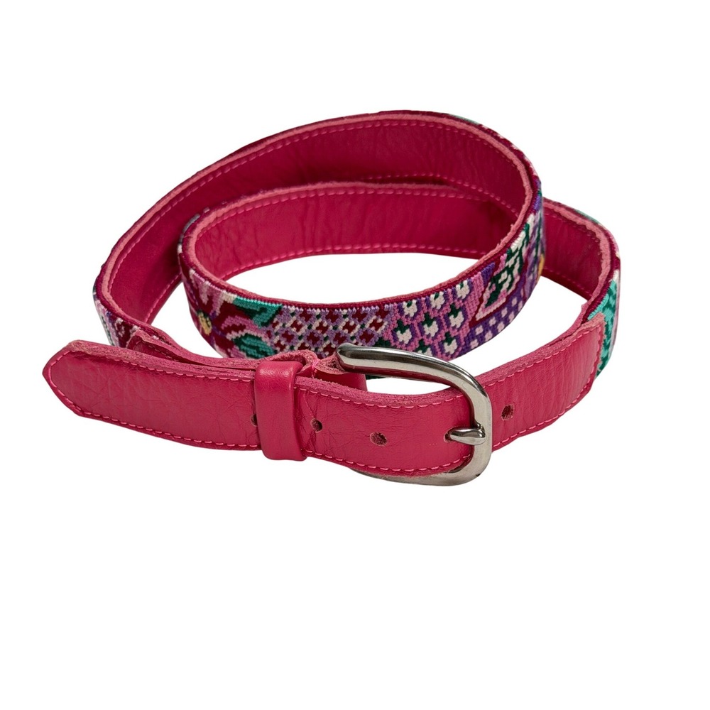 Needlepoint Floral Belt Pink Leather Silver Buckle Womens S/M 39